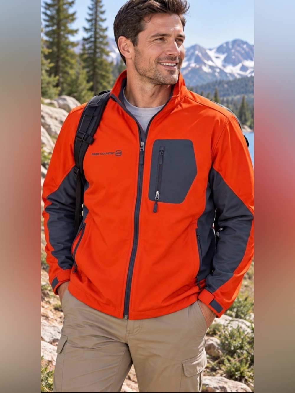 Free Country Men’s XXL Orange Gray Softshell Jacket Full Zip Hiking Outdoor